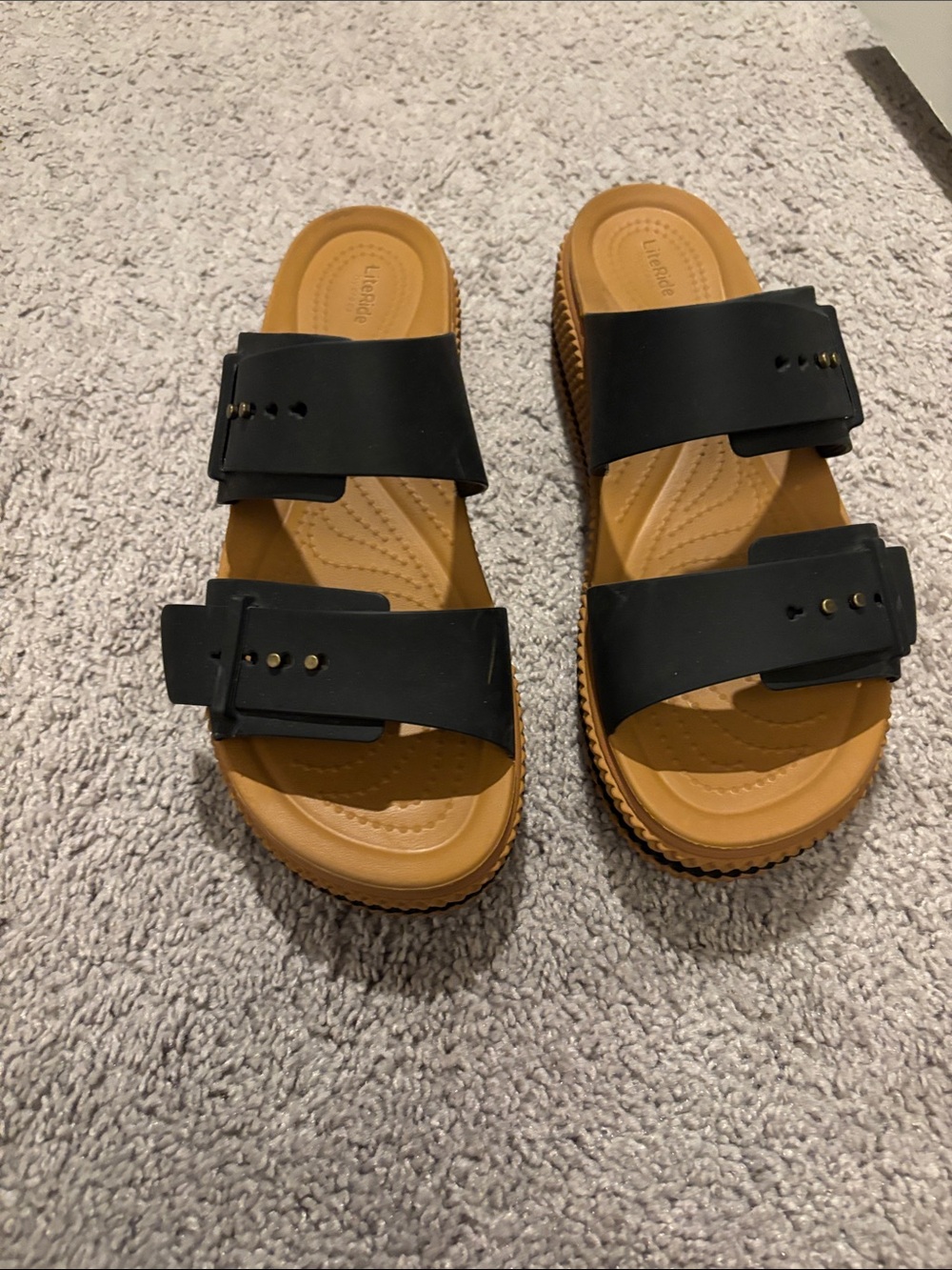 Black Two-Strap Slide Sandals with Tan Footbed